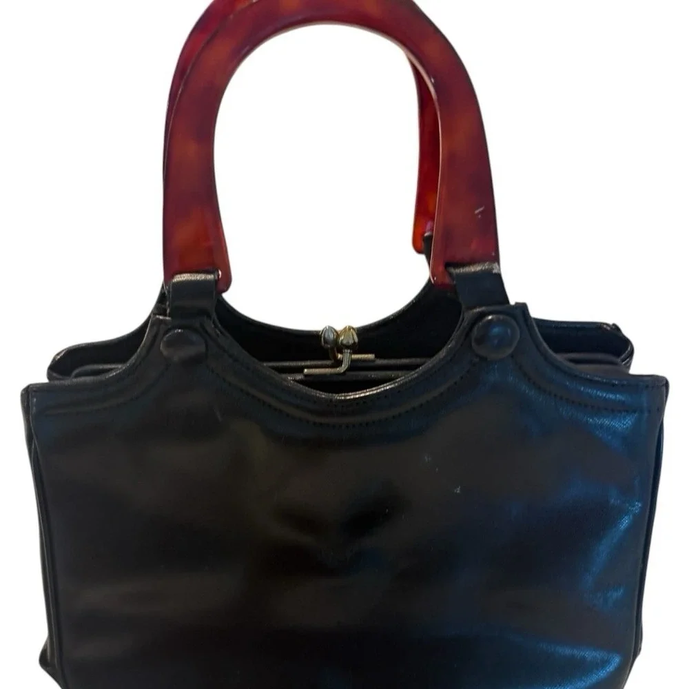 Vintage Dofan Black Leather Kiss Lock Purse‎ Tortoiseshell Lucite Top Handle Bag